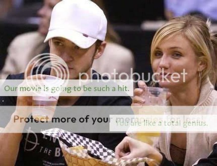 Cameron and Justin drinking beer at a basketball game. Justin's caption reads: our movie is going to be such a hit. Cameron's caption reads: you are like a total genius